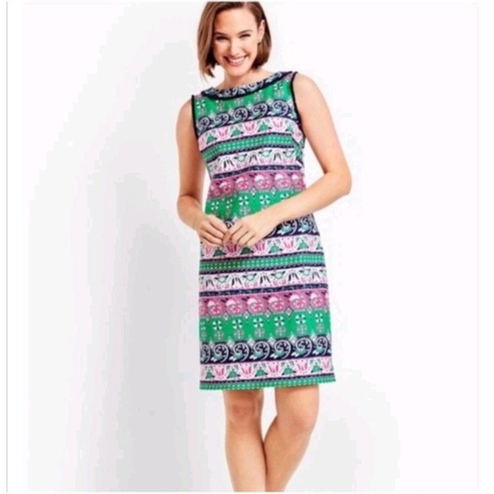 Talbots Womens Sleeveless Shift Dress Floral Blue Pink Green Sz 10 Fringe Cotton